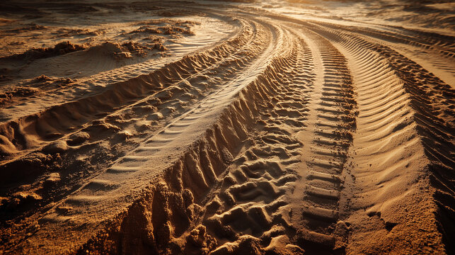 Close-up view of detailed tire tracks pressed into golden sand, showing rugged texture, sunlight, and natural patterns ideal for desert or travel-themed visuals.