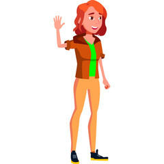 Teenage Girl Waving Hello With Orange Hoodie Green Shirt Yellow Pants and Sneakers On White Background Vector Art