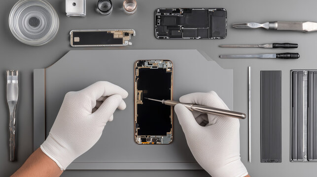 Close-up hands repairing a smartphone with precision tools, showing delicate electronic components and technical repair work in detail.
