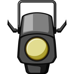 Spotlight Fixture with Yellow Light Bulb Illuminated in Dark Gray Metal Casing and Adjustable Yoke on Transparent Background