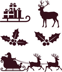 Christmas silhouette vector set, Santa sleigh and reindeer, holly decorations, festive holiday icons, winter celebration graphic, gift sleigh illustration