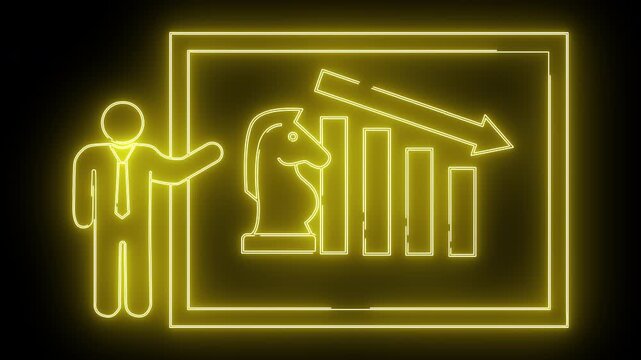 Yellow neon outline displays a businessman gesturing toward a chart with a chess knight and a downward trend line