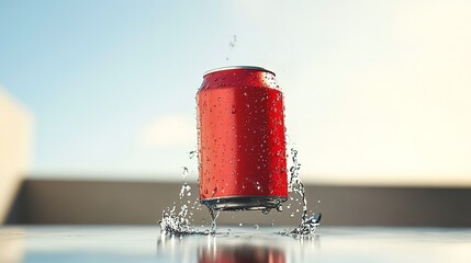 Red soda can with water droplets suspended in midair, creating a refreshing and dynamic visual against a blurred background