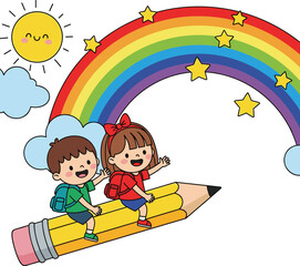 Cartoon kids flying on pencil, rainbow sky vector, educational adventure illustration, playful learning scene, creative childhood concept, sun and stars