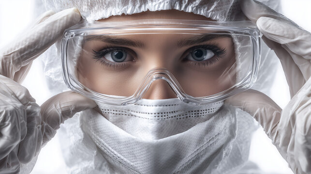Close-up of a female medical worker in full protective suit, showing safety gear and professional focus in a clinical environment.