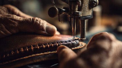 Close-up of a shoemaker stitching a leather sole by hand, showing precise craftsmanship, detailed texture, and traditional artisan work in a warm workshop setting.