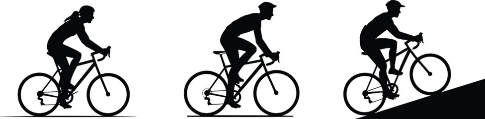 Cycling silhouette vector, uphill bike rider, flat terrain cyclist, outdoor activity illustration, sports motion graphic, fitness concept, black silhouette art