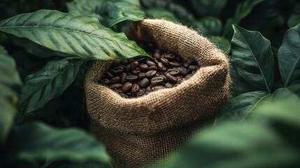 A burlap sack filled with roasted coffee beans amidst lush green leaves.