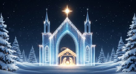 Obraz premium Nativity scene glows brightly inside a transparent church covered in snow during winter night.