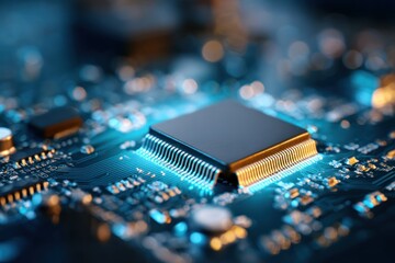 Close-up of a modern computer processor with glowing blue light.