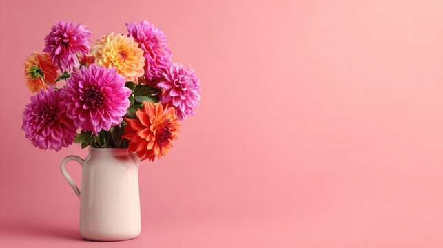 Colorful Dahlia Bouquet in White Pitcher on Pink Background.