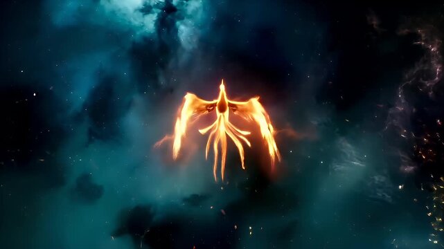 A vivid portrayal of a phoenix rising from the ashes, its wings spread wide as it ascends. The phoenix is depicted in a fiery orange and yellow hue.