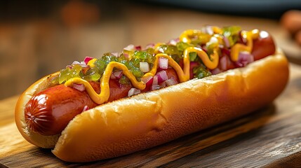 Delicious hot dog with mustard, relish, and onions on a wooden board, perfect for a quick and tasty meal