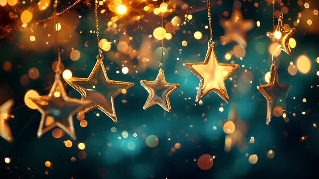 Chinese lunar new year Chunjie celebration concept. golden starshaped ornaments hanging from a string against a bokeh background with golden lights.