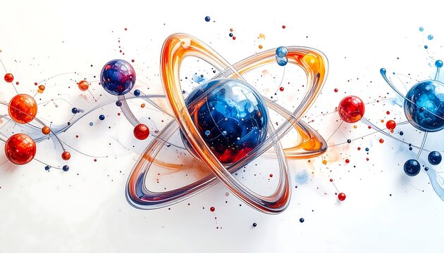 A vibrant abstract depiction of an atomic structure, featuring a central sphere and orbiting rings, with scattered particle clusters