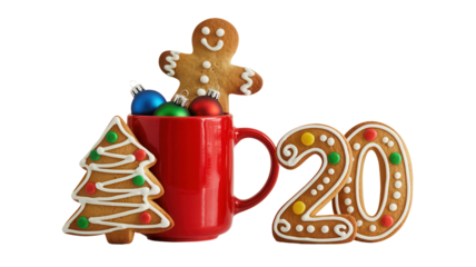Festive gingerbread cookies with holiday ornaments in a red mug and '20' numerals evoke joyful Christmas spirit and celebration