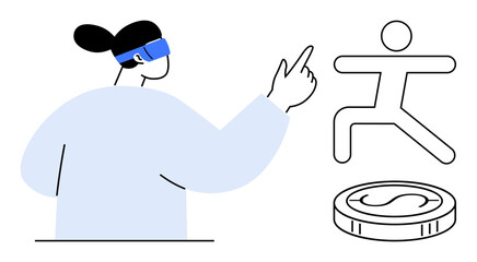 Woman wearing VR headset points to virtual action figure and coin. Ideal for virtual reality, tech innovation, gaming, user interaction, future finance, training, interactive media. Simple flat