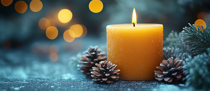 First Advent candle on bokeh light background. Merry Christmas festive card. Noel. Winter holiday xmas celebration theme. Happy New Year. 
