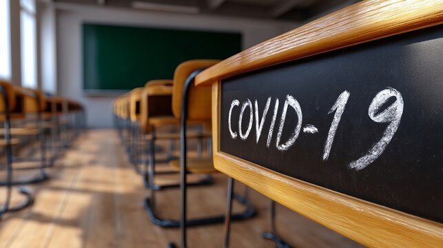 An empty classroom featuring desks with 'COVID-19' labeled on the front, illustrating the impact of the pandemic on education. - Powered by Adobe