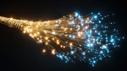 Glowing fiber optic cable with blue and gold light signals symbolizing high speed data communication