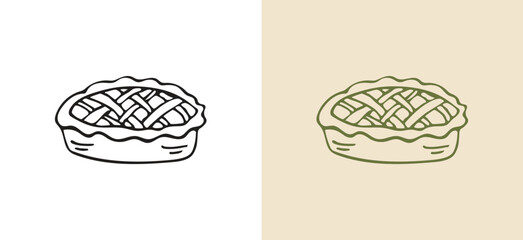 Rustic hand-drawn pie with lattice top line art vector. Ideal dessert icon for Thanksgiving, autumn, and winter holiday menus, bakery branding, and seasonal recipe designs.