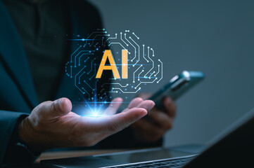 Human Hand Holding AI Circuit Board Graphic on Digital Technology Background