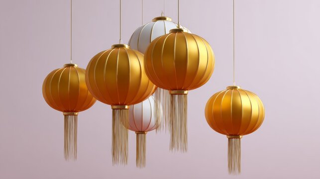 A group of gold and white lanterns hanging from the ceiling. The gold lanterns are larger and the white ones are smaller. The lanterns are hanging in a row, creating a sense of order and symmetry