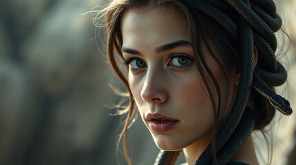 A modern portrait of the Gorgon Medusa as a young woman with a snake woven into her hair. A symbolic illustration of the Greek legend of the Gorgon Medusa.