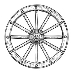 Fototapeta premium vintage wagon wooden wheel vector line art hand drawn illustration
