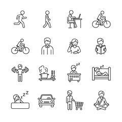 Fototapeta premium Simple black line art icons depicting diverse human daily activities, lifestyle, and common actions.