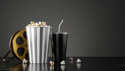 A golden film reel sits next to a striped popcorn bucket and a black drink cup with a straw