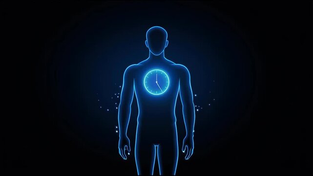 Biological Clock and Aging Process Concept, Glowing Clock Animation on Human Body Silhouette with Ascending Particles