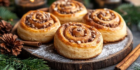 delicious cinnamon rolls with powdered sugar and festive decor