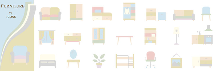 A collection of icons in pastel colors dedicated to home furniture and interior design.