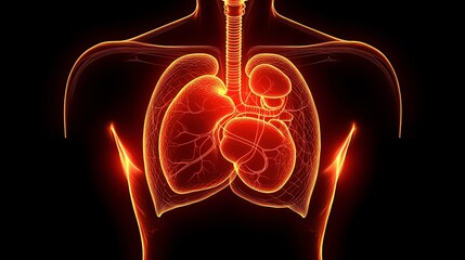 detailed illustration of human lungs and heart with neural network glow effect for medical, healthcare, and anatomy studies