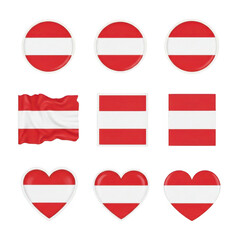 Austrian flag collection: circular, wavy, rectangular, and heart icons set isolated on transparent background