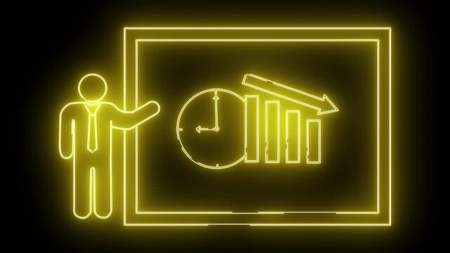 Yellow neon outline presenter board clock bars  falling arrow on a black background