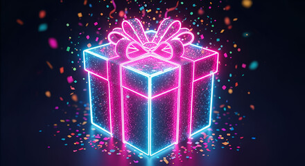 Glowing gift box in neon style on a black background with bokeh neon lights. Copy space for banner. Cyber Monday, Black Friday and Christmas