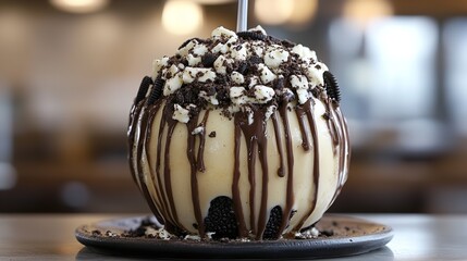 Gourmet caramel apple covered in white chocolate, chocolate drizzle, and crushed oreo cookies on a plate