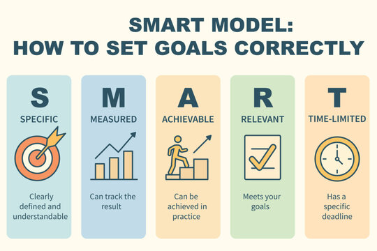 Infographic SMART model &mdash; how to set goals correctly. Suitable for business, education, coaching.