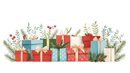 Holiday Gift Extravaganza: A vibrant arrangement of colorful gift boxes, adorned with ribbons and festive embellishments, creates a sense of anticipation and the spirit of sharing.