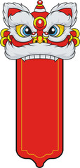 A festive illustration of a Chinese Lion Dance head with a blank red banner or scroll below it. Perfect for New Year greetings, cultural announcements, and Asian-themed designs