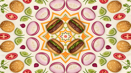 Kaleidoscope pattern of burgers and fresh ingredients