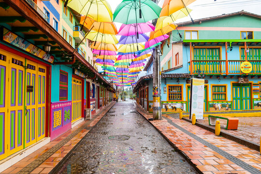 colorful street of guatape colonial town, colombia