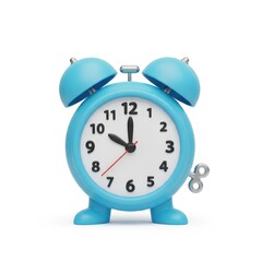 Blue Alarm Clock with Bells and White Dial Displaying Time Against Plain Background