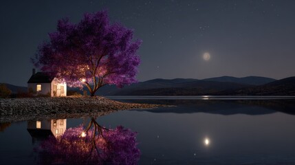 A serene, moonlit lake scene featuring a small, white cottage nestled on a secluded island, illuminated by warm interior light, with a vibrant purple tree casting a silhouette against the night sky.
