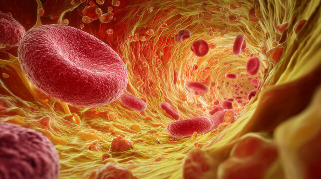Microscopic view of a human artery filled with cholesterol plaque and fat cells, showing detailed texture of buildup and biological structure.