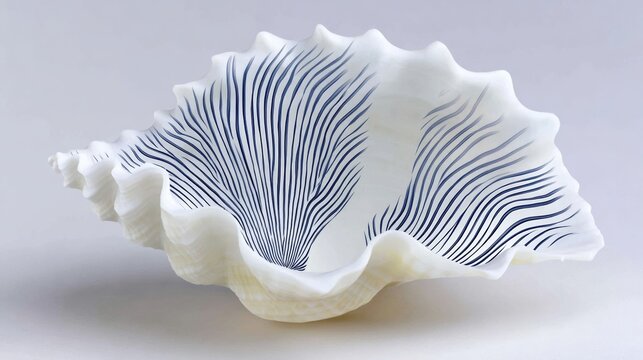 A white and blue shell with a blue stripe is displayed on a white surface. The shell has a unique design with a blue stripe running through it, making it stand out