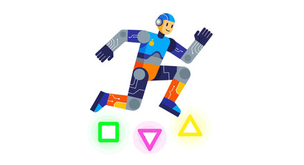 Naklejka premium Running Digital Robot With Controller Button Symbols In Dynamic Action Illustration
