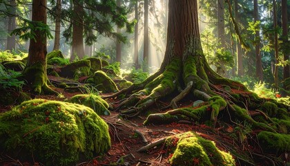 A sun-dappled forest floor showcases large tree roots sprawling over mossy rocks amidst towering green trees